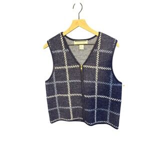Crystal Kobe 100% Wool Blue Plaid Zip Front Sweater Vest Womens Large V-Neck